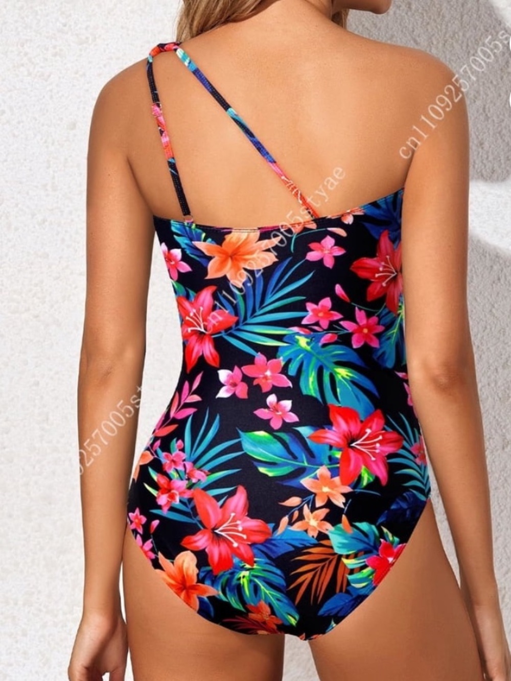 NWT- Holipick Asymmetric One-Shoulder Floral One-Piece Swimsuit - Black Multi
